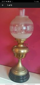 Victorian Brass Oil Lamp, Etched Globe Shade, 2 Ft Tall