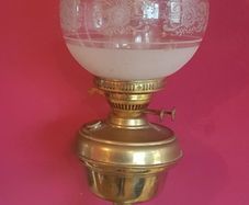 Victorian Brass Oil Lamp, Etched Globe Shade, 2 Ft Tall