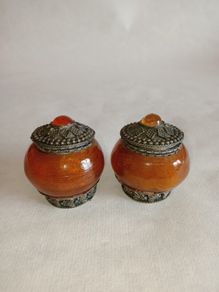 Vintage Glass & White Metal Trinket Boxes x 2