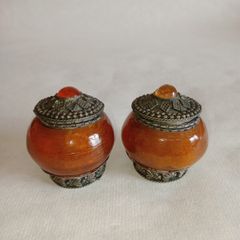 Vintage Glass & White Metal Trinket Boxes x 2