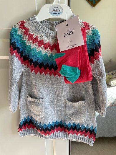 Brand new retro m&s geometric patterns dress and tights age 6-9 months