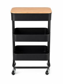 3 Tier Rolling Storage Trolley with Bamboo Top | Black Utility Cart