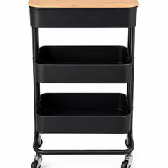 3 Tier Rolling Storage Trolley with Bamboo Top | Black Utility Cart
