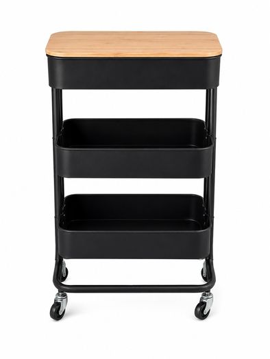 3 Tier Rolling Storage Trolley with Bamboo Top | Black Utility Cart
