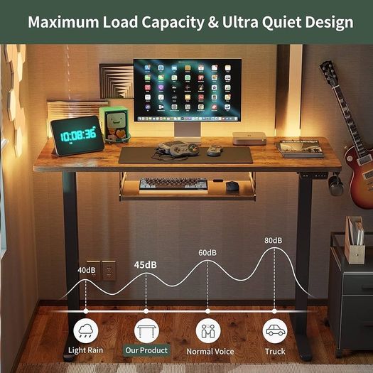 NEW SALE | Height Adjustable Electric Standing Desk with Keyboard Tray, 100 x 60 cm Sit Stand up Desk with Splice Board, Black Frame/Rustic Brown Top