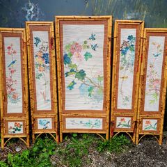 Antique handpainted bamboo screen