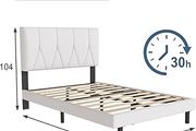 Double Bed Frame, White, Upholstered Wooden Slat Bed Frame with Headboard, Easy Assembly, Underbed Storage, No Box Spring Needed 135 by 190