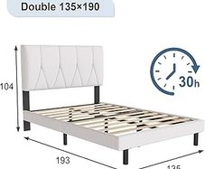 Double Bed Frame, White, Upholstered Wooden Slat Bed Frame with Headboard, Easy Assembly, Underbed Storage, No Box Spring Needed 135 by 190