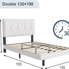 Double Bed Frame, White, Upholstered Wooden Slat Bed Frame with Headboard, Easy Assembly, Underbed Storage, No Box Spring Needed 135 by 190