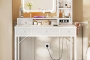 Dressing Table with Adjustable LED Mirror, Toilet Table with 4 Fabric Drawers, Dressing Table with Built-in USB Port, White Makeup Table 100 x 40 x 140 cm