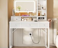 Dressing Table with Adjustable LED Mirror, Toilet Table with 4 Fabric Drawers, Dressing Table with Built-in USB Port, White Makeup Table 100 x 40 x 140 cm