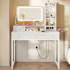 Dressing Table with Adjustable LED Mirror, Toilet Table with 4 Fabric Drawers, Dressing Table with Built-in USB Port, White Makeup Table 100 x 40 x 140 cm