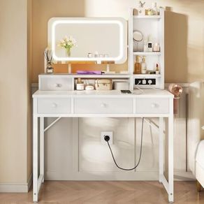 Dressing Table with Adjustable LED Mirror, Toilet Table with 4 Fabric Drawers, Dressing Table with Built-in USB Port, White Makeup Table 100 x 40 x 140 cm