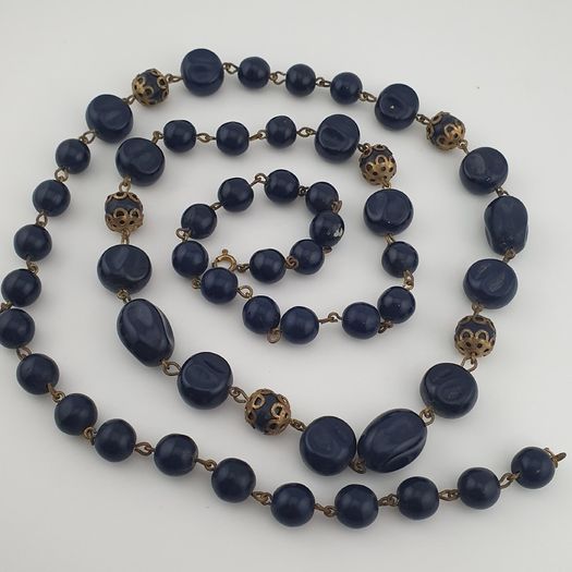 Antique African Style Cobalt Blue Glass & Brass Beads Long Necklace