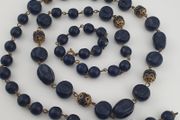 Antique African Style Cobalt Blue Glass &amp; Brass Beads Long Necklace
