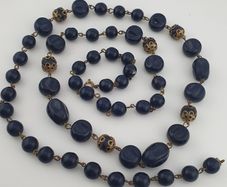 Antique African Style Cobalt Blue Glass & Brass Beads Long Necklace