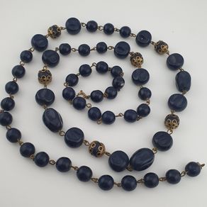 Antique African Style Cobalt Blue Glass & Brass Beads Long Necklace