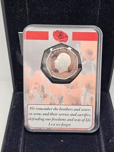 The London Mint Office Gibraltar 2023 Silver Proof 50p Coin Lest We Forget Colorised
