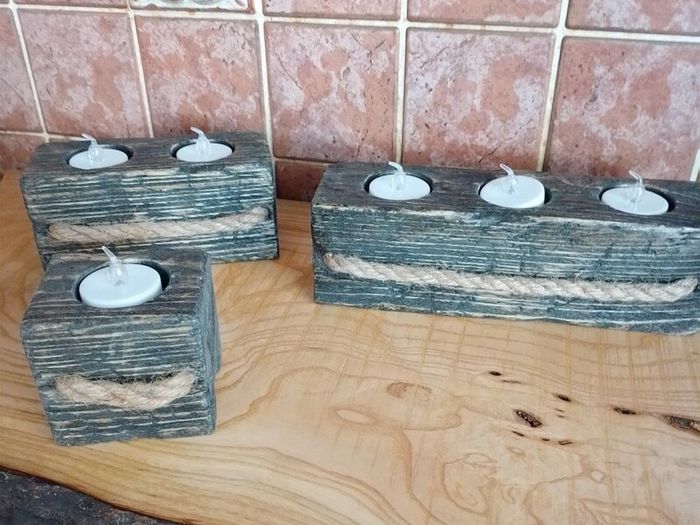 Handmade Reclaimed Wood Tealight Holders, Hard Wax Oil Set (+ 6 LED Lights)