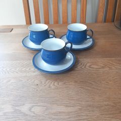 Denby Imperial Blue Cups & Saucers x 3 Unused