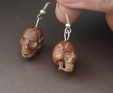 Vintage Carved Skull Shape Wood & brass Earings