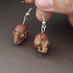 Vintage Carved Skull Shape Wood & brass Earings
