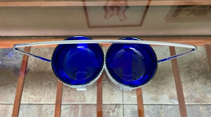 Vintage 1950s Cobalt Blue Glass & Silver Chrome Double Table Basket