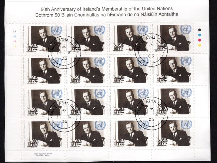 2005 Ireland 50th Anniversary of the Ireland's Membership of the United Nations Commemorative Stamp Sheetlet Plate 1A1A1A1A Fine CDS Used with Dublin cancel of 14th October 2005 (First day of issue) on envelope extract.