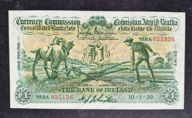 Excellent Ireland 1939 Banknote 1 Pound Ploughman The Bank Of Ireland