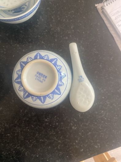 Set of 4 Blue & White Ceramic Rice/Soup Bowls with Matching Spoons
