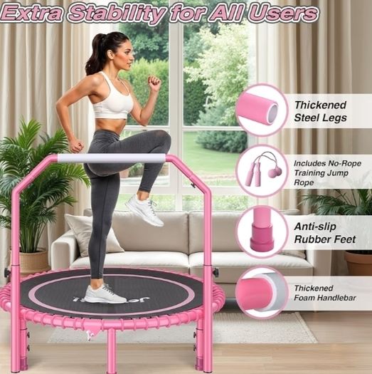 450 LBS Foldable Mini Trampoline for Adults, 40 inch Indoor Fitness Rebounder with U-Shape Adjustable Foam Handle, Quiet Bungee Jump System & Cordless Jump Ropes