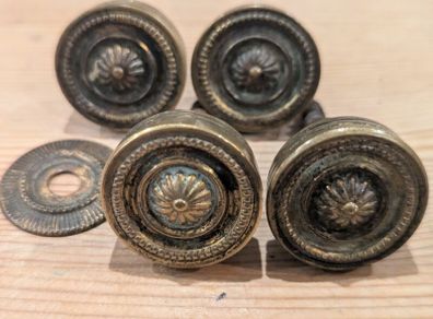 Four Antique brass Sheraton-style brass knobs with backplate for Period furniture.