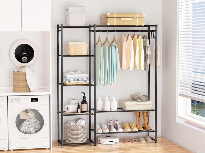 Clothes Rail with Shelves Metal Wardrobes for Bedroom Clothing Rack Open Wardrobe, With 4 Tiers Shelves, Portable & Free Standing, Clothes Rails for Bedroom