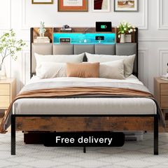 4ft6 Double Bed Frame with Storage Upholstered Headboard, LED Light & Charging Statio
