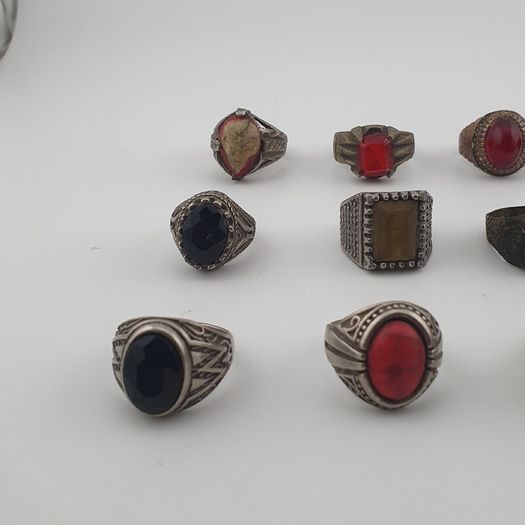 Lot of 15 Antique Tribal Style Brass Rings Mixed Stone & Colourful Glass