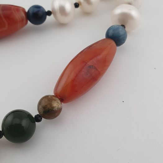 Authentic Freshwater Pearl Necklace with African Carnelian & Jade Beads