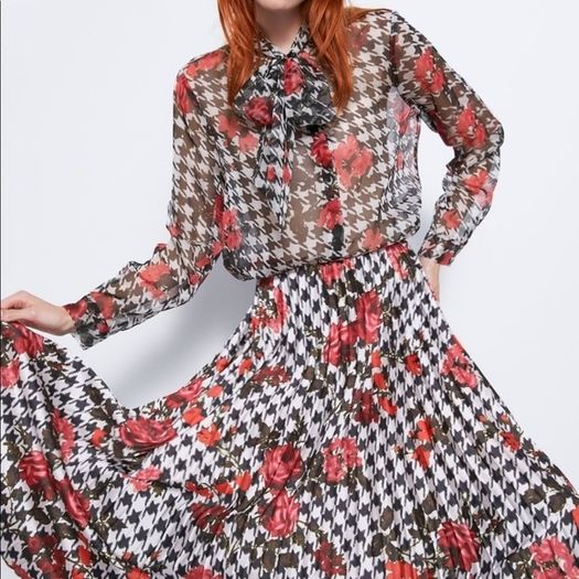 Zara blouse top printed floral houndstooth rose bow tie S