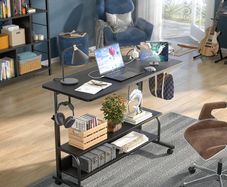 Standing Desk with Power Outlets & USB, Height Adjustable Desk (70-104cm) on Wheels, Small Portable Computer Desk for Home Office, Slim C-Shaped Study Table & Mobile Bedside Laptop Desk Black