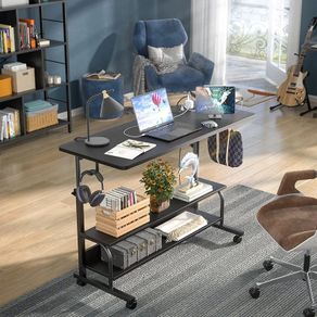 Standing Desk with Power Outlets & USB, Height Adjustable Desk (70-104cm) on Wheels, Small Portable Computer Desk for Home Office, Slim C-Shaped Study Table & Mobile Bedside Laptop Desk Black