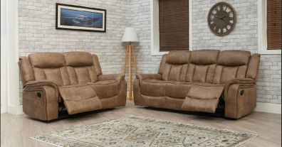 Luxury Tan & Grey Suede Recliner Sofa Set