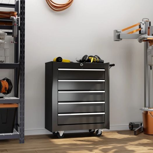 5-Drawer Tool Chest with Wheels, Steel Lockable Tool Storage Cabinet with Handle, 2 Keys for Garage, Workshop, Black