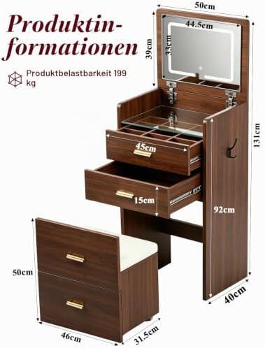 3 in 1 LED Slim Dressing Table with LED Lighting Brown