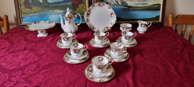 Rare And Hard To Find 23 Piece Royal Albert Celebration Bone China Gold Gilt Tea Set With Pedestal Cake Stand and Tea / Coffee Pot For 6 Person Setting Made In England