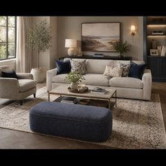 Navy fabric footstool or ottoman