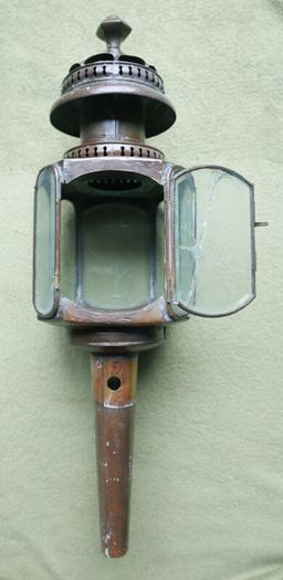 Vintage Pair of Brass Carriage Lamps, by Lime House Lamp Company, pierced canopies, bevelled etched glass chambers, 22" long