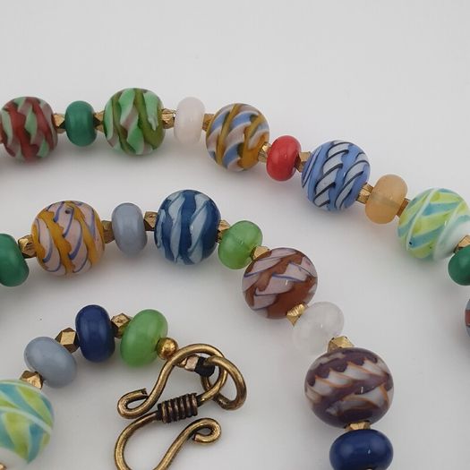 Antique Venetian Style MultiColor Stripe`Pattern Glass Beads Necklace