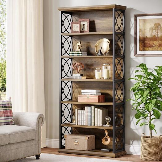 6 Tier Vintage Industrial Bookcase 185 cm High Standing Shelf Wood, Open Display Shelf with Metal Frame