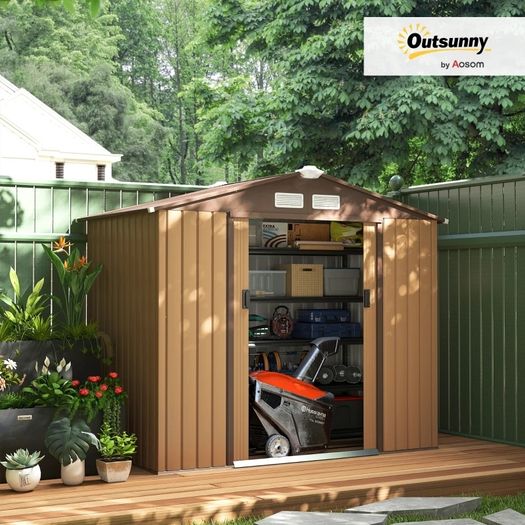 Outdoor Storage Shed, 7ft x 4ft, Large Patio Roofed Tool Metal Storage Building Foundation Sheds Box Outdoor Furniture