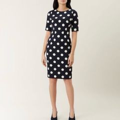 Hobbs London Astraea Navy Blue & Ivory Polka Dot Shift Dress  UK 14
