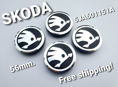 1set (4caps) Black Chrome logo SKODA Octavia Superb Fabia Yeti wheel center cap 5JA601151A 56mm caps